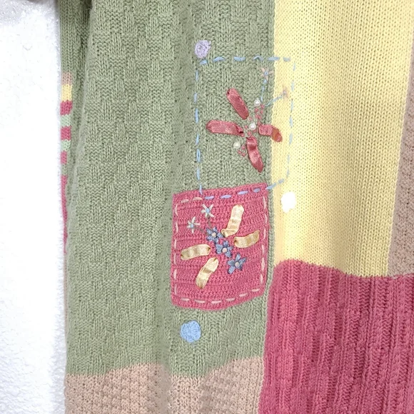 Koret Vintage Patchwork Knit Blouse – Cottagecore Grandmacore Top – Pink & Cream - Picture 8 of 13